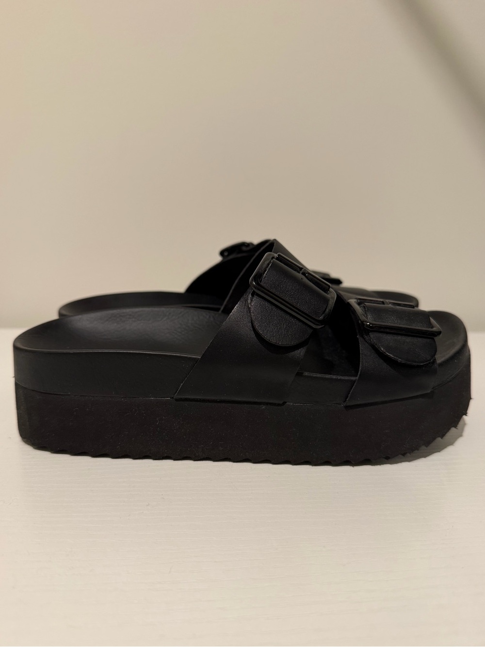 H&M Black Double-Buckle Platform Slide Sandals